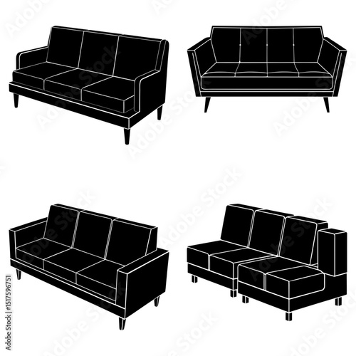 Four different sofa styles in black and white showcasing various designs and arrangements in a collage