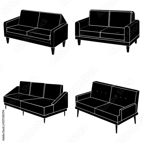 Four different black sofas are displayed in a grid format on a white background illustration style