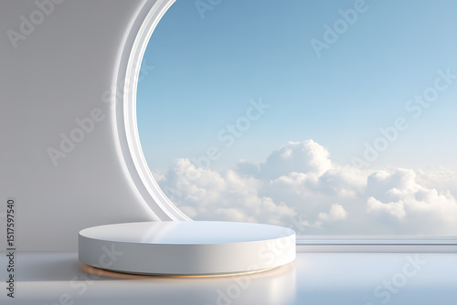 Minimalist product display stand against the background of the cabin window