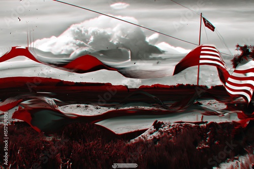 Surreal American flag landscape glitch effect