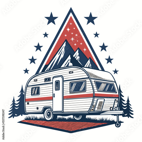Create a stylized illustration of a caravan against a triangular backdrop featuring a prominent star.  Emphasize vibrant colors and a whimsical aesthetic.