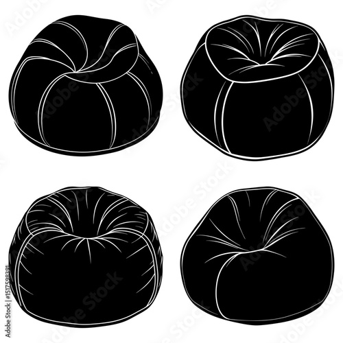 Four black beanbag chairs with white outlines arranged in a square format on a white background view