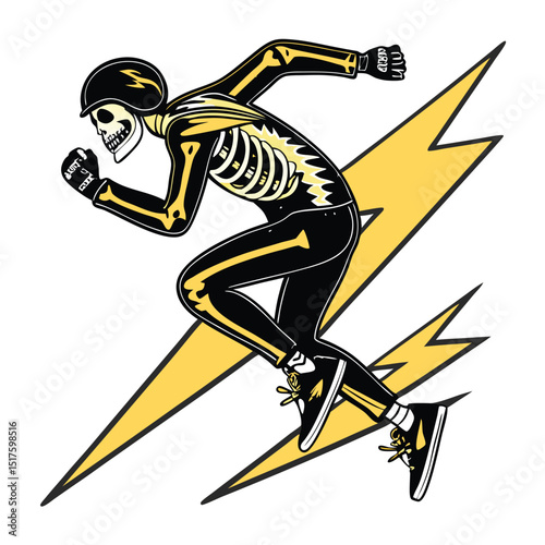 Design a dynamic badge featuring a skeleton astride a speeding lightning bolt.  Incorporate a sense of motion and energy.