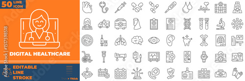 Digital Healthcare Line Editable Icons set. Vector illustration in modern thin line style of digital healthcare icons: health, hospital, doctor, etc