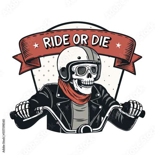 A skeletal figure fiercely gripping handlebars of a vintage motorcycle, "Ride or Die" subtly etched on the gas tank.  Dark, gritty, post-apocalyptic aesthetic.
