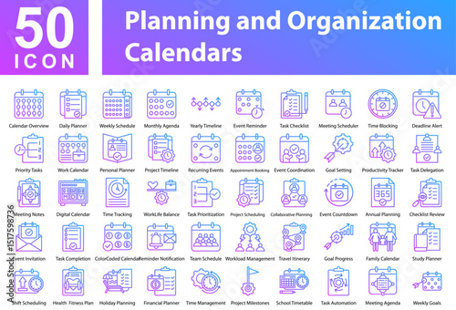 Planning and Organization calendars Collection of Icons with Outline Gradient. Containing: Calendar Overview  ,Daily Planner  ,Weekly Schedule  ,Monthly Agenda  ,Yearly Timeline  ,Event Reminder  