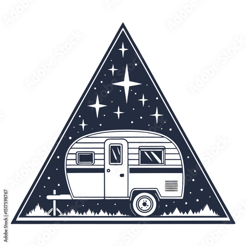 Stylized caravan illustration, triangular background, single star, vibrant colors, whimsical style.