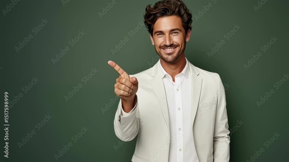 A charismatic young caucasian man in a stylish off-white suit points to the side, smiling confidently at the camera. A charismatic young caucasian man in a stylish off-white suit points to the side, smiling confidently at the camera.