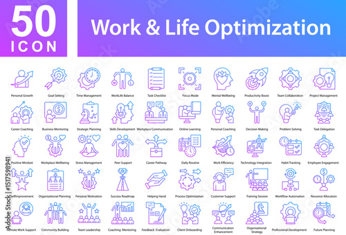 Work & Life Optimization Collection of Icons with Outline Gradient. Containing:  Personal Growth  ,Goal Setting  ,Time Management  ,Work-Life Balance  ,Task Checklist  ,Focus Mode  ,Mental Wellbeing  