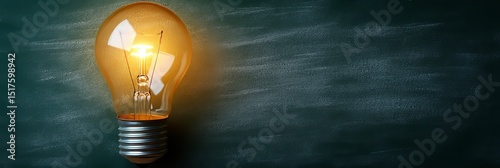A glowing light bulb is positioned against a soft chalkboard texture background