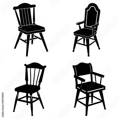 Illustration showing four different styles of chairs in black silhouette on a white background design element
