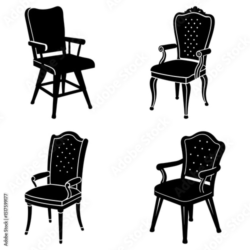Four different styles of armchairs are displayed in a black and white silhouette illustration style