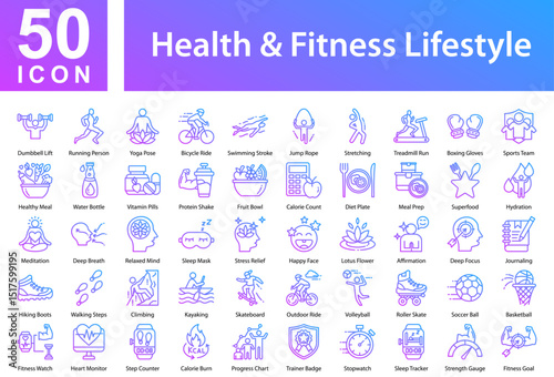 Health & Fitness Lifestyle Collection of Icons with Outline Gradient. Containing: Dumbbell Lift  ,Running Person  ,Yoga Pose  ,Bicycle Ride  ,Swimming Stroke  ,Jump Rope  ,Stretching  ,Treadmill Run  