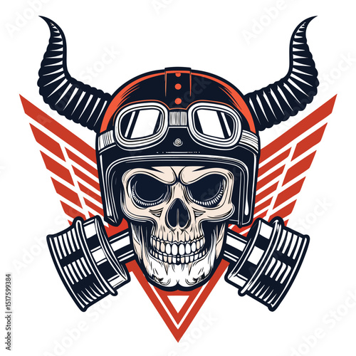 Design a vector illustration of a biker skull wearing a helmet, with motorcycle exhaust pipes as horns, detailed and stylized for a heavy metal or rock band logo.