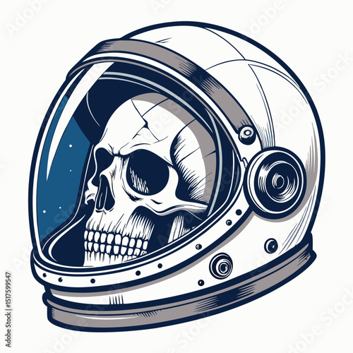 A weathered astronaut helmet, cracked visor revealing a skull beneath.  Dark, atmospheric lighting.