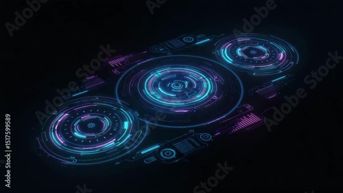 Neon interface elements with glowing circular modules in dark background  