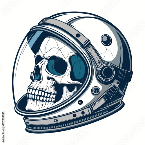 A weathered astronaut helmet, cracked visor revealing a human skull within, set against a dark, desolate backdrop.