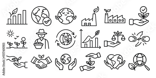 Minimal line icons illustrating fair trade, ethical sourcing, sustainable economy, and eco-certified commerce. Perfect for use in green business campaigns, ethical branding, and environmental projects
