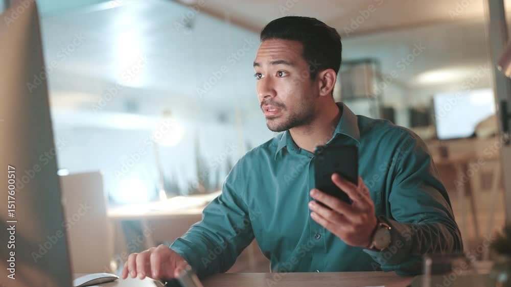 Night, business and man with smartphone, computer and typing with internet, email and copywriting. Person, evening or journalist in office, pc or cellphone with review for proofreading or digital app