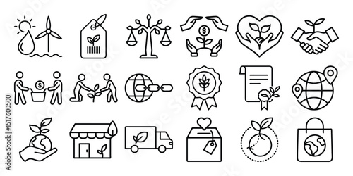 Minimal line icons illustrating fair trade, ethical sourcing, sustainable economy, and eco-certified commerce. Perfect for use in green business campaigns, ethical branding, and environmental projects