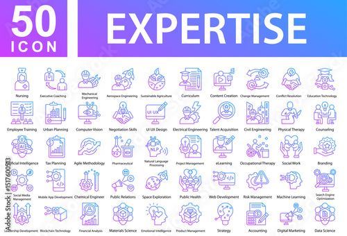 Exspertse Collection of Icons with Outline Gradient Containing: Nursing,Executive Coaching,Mechanical Engineering,Aerospace Engineering,Sustainable Agriculture,Curriculum,Content Creation,
