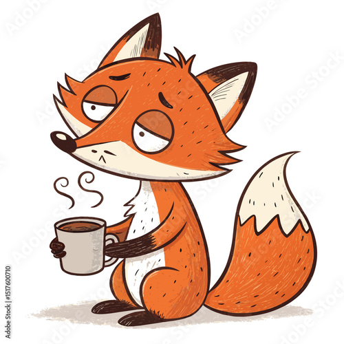 A charming, sleepy fox curled up, clutching a steaming coffee cup, isolated on a pure white background.