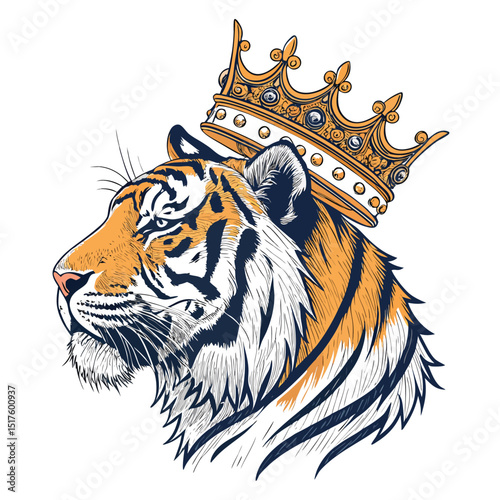 Create a detailed image of a majestic tiger's head, adorned with a regal crown and sparkling jewels, isolated on a pure white background.