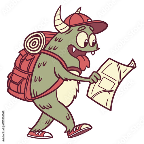 Render a cute, miniature monster explorer, carrying a backpack and a scroll map, venturing into an unknown terrain.  Emphasis on detail and vibrant colors.