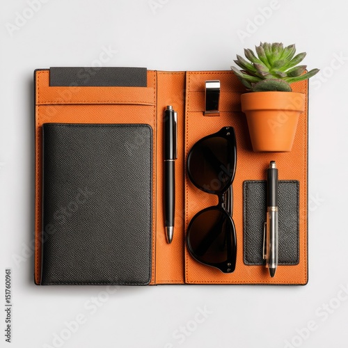 Open leather organizer with assorted items