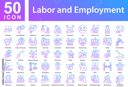 Labor and Employment Collection of Icons with Colorful Glyphs. Containing: Shortage,No child labor,Patriotism,Labour market,Cost,Severance,Sad,Reduce cost,Worker,Tired,Protection,Human resources
