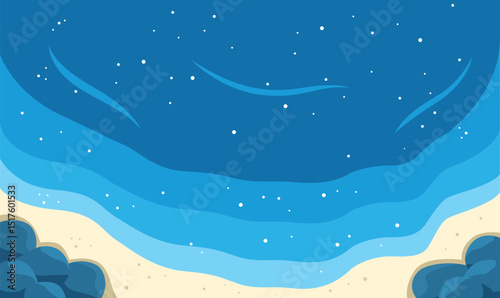 Aerial Top View of Blue Ocean Waves Gently Crashing and Rolling Onto a Peaceful Sandy Shoreline