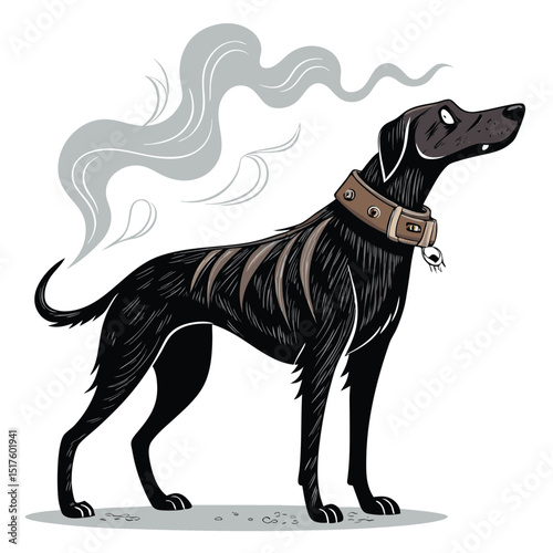 Render a spectral hound, ethereal and translucent, with a broken, glowing collar, leaving a swirling smoke trail.  Emphasis on detail and eerie atmosphere.