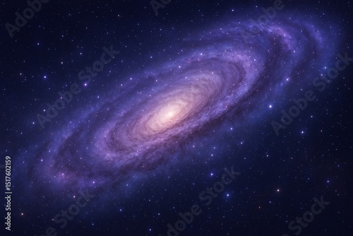 Majestic spiral galaxy stretching across space, glowing star clusters and soft nebula light in purple and blue tones, elegant cosmic background
