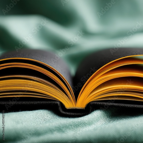 Open black book with vibrant yellow pages resting on a mint green fabric
