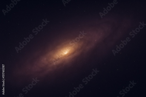 Refined galaxy background with golden and magenta tones in swirling nebula, gentle light flares and balanced negative space for elegant layout