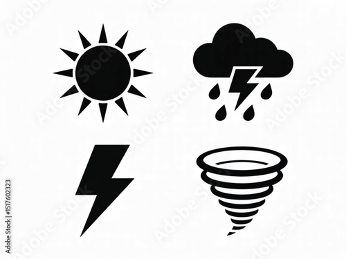Black Weather Icons, Sun, Rain Cloud, Lightning, and Tornado on White Background