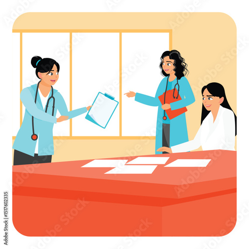 Clinic staff meeting. Doctors Collaborating in Clinic Choosing Tactics for Treatment of Patient.
