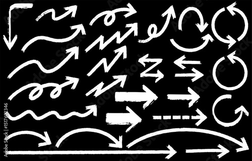 Monochrome handwritten thick line arrow set(white on black background)