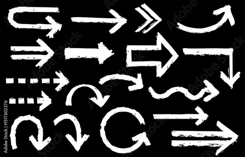 Monochrome handwritten thick line arrow set(white on black background)
