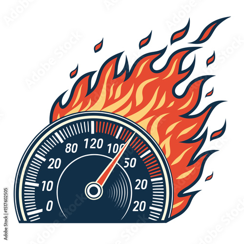 A fiery speedometer bursts through intense flames, showcasing speed and power;  number 'n' indicates extreme velocity.