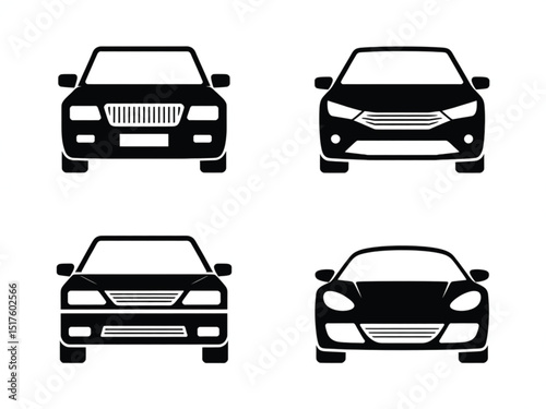 Four Car Fronts, Different Styles, Black Automotive Icons, Transparent Background