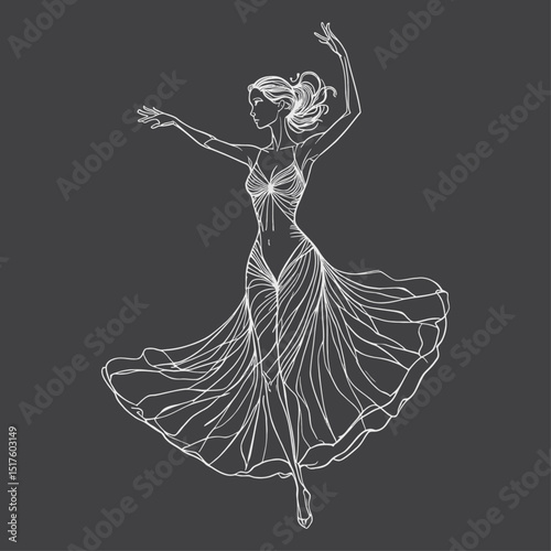 A graceful minimalist illustration of a woman dancing, created with delicate white lines