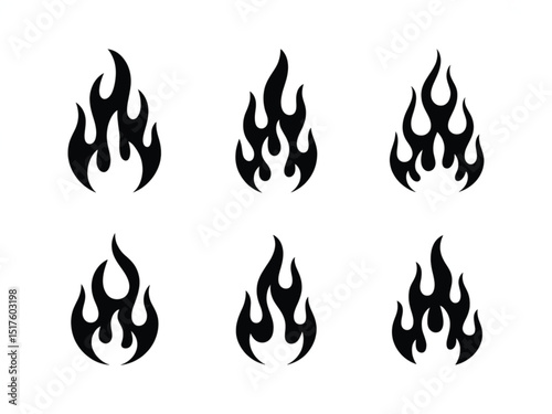 Six Flames Graphic Vector Set, Hot Fire Illustration on Transparent Background