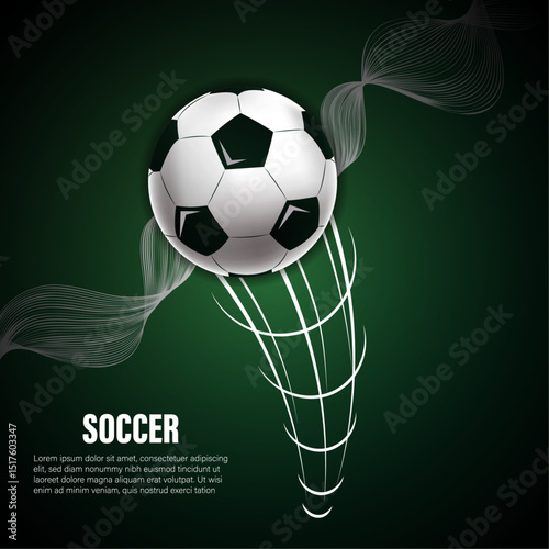 Soccer background with a football hitting the net, white dynamic motion lines, and soft abstract smoke on a dark green gradient. Ideal for sports posters, banners, and event graphics.