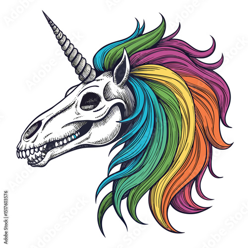 A meticulously detailed rendering of a unicorn skull, featuring a vibrant rainbow-colored mane, isolated against a pure white background.