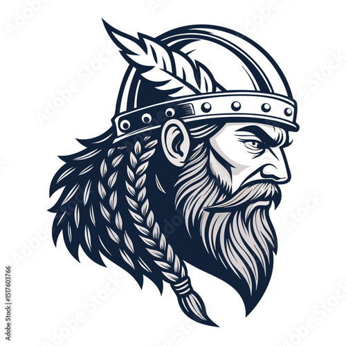 A meticulously detailed illustration of a Viking warrior's head, showcasing intricate braided beard, isolated on a pure white background.  High resolution, realistic style.