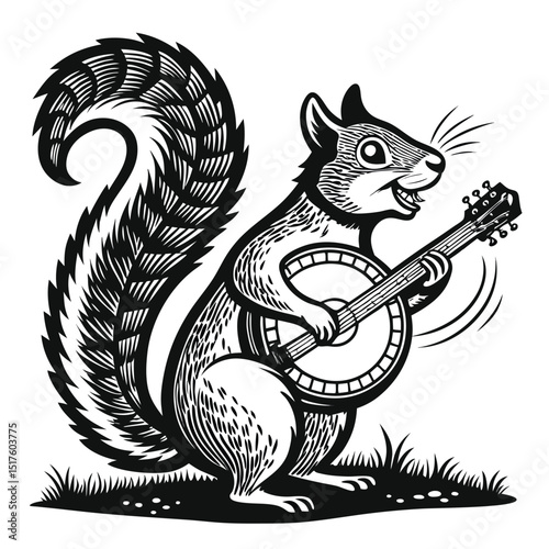 A whimsical illustration of a squirrel expertly playing a banjo, isolated on a pure white background.  Focus on detail in fur and instrument.