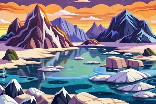 Majestic arctic landscape vector with water, snowy iced mountains and rocks. North pole problems, melted ices cartoon illustration