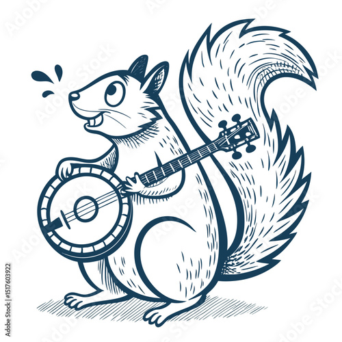A whimsical illustration of a squirrel expertly playing a banjo, isolated on a pure white background.
