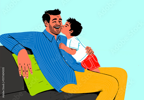 Illustration of a father and son bonding on a sofa at home photo